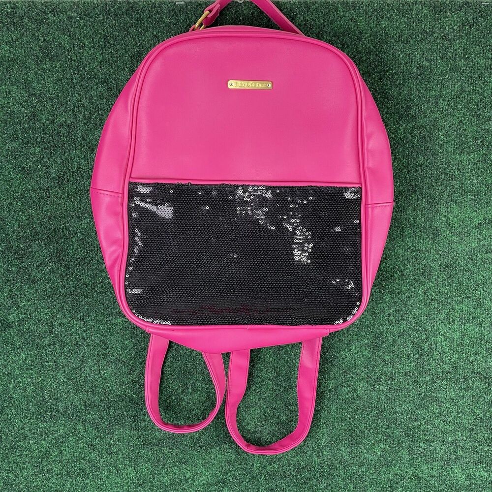 Juicy Couture Fuchsia Pink & Black Sequins Nylon Faux Leather Backpack